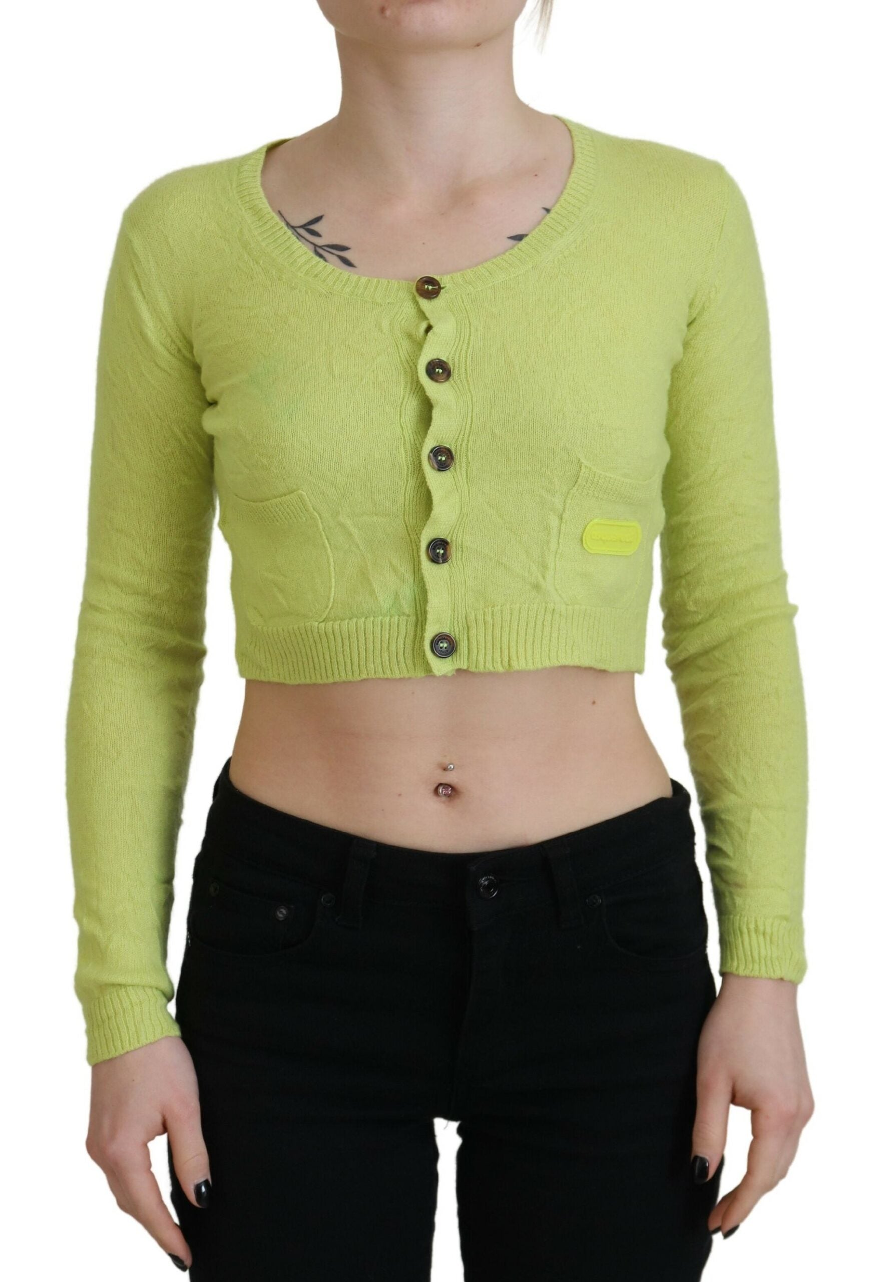 Pull en cachemire jaune vert à manches longues de Dsquared², coupe courte et style élégant.