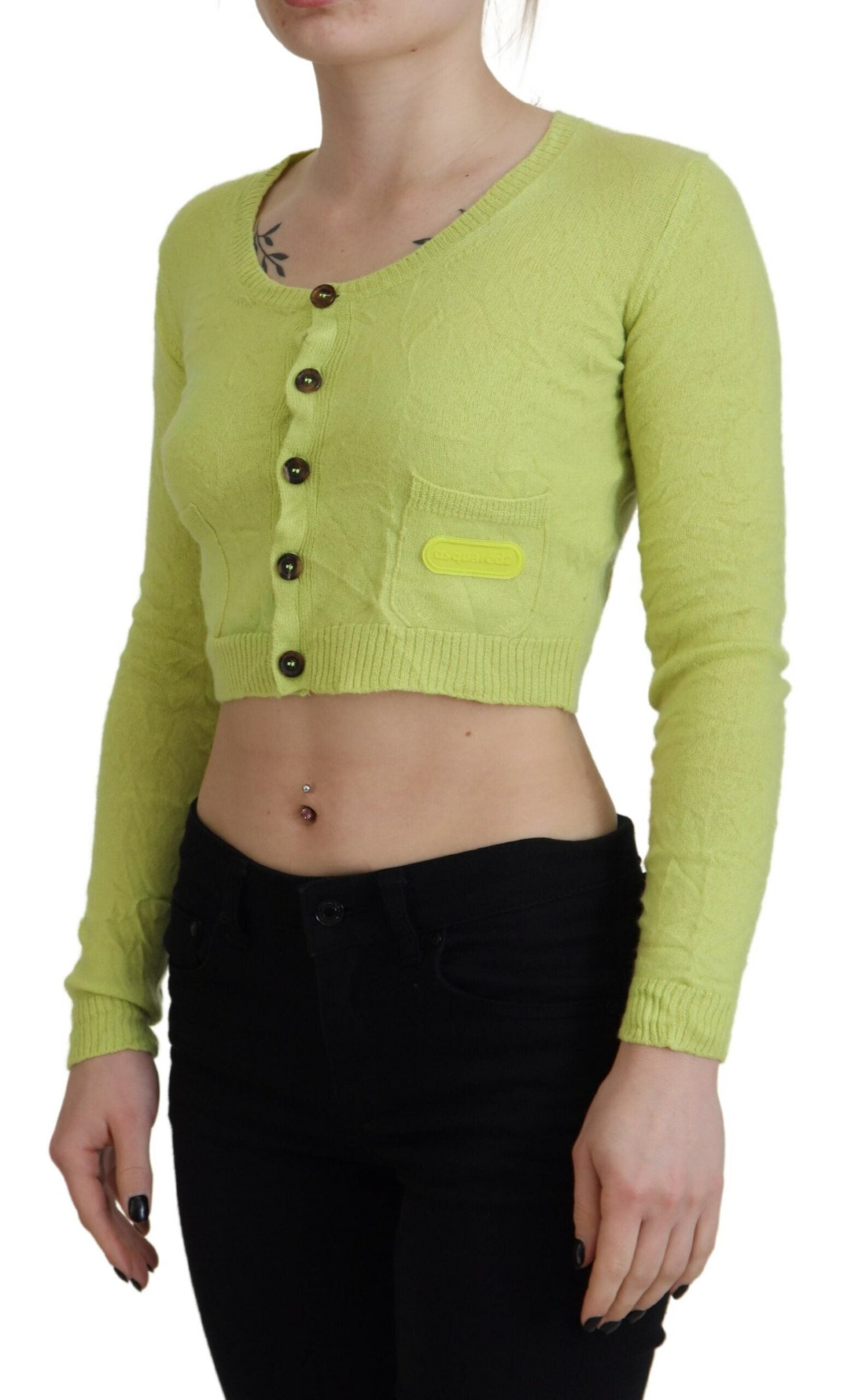 Pull en cachemire long à manches longues Dsquared² jaune vert, coupe courte et confortable, visible en détail sur l'image.