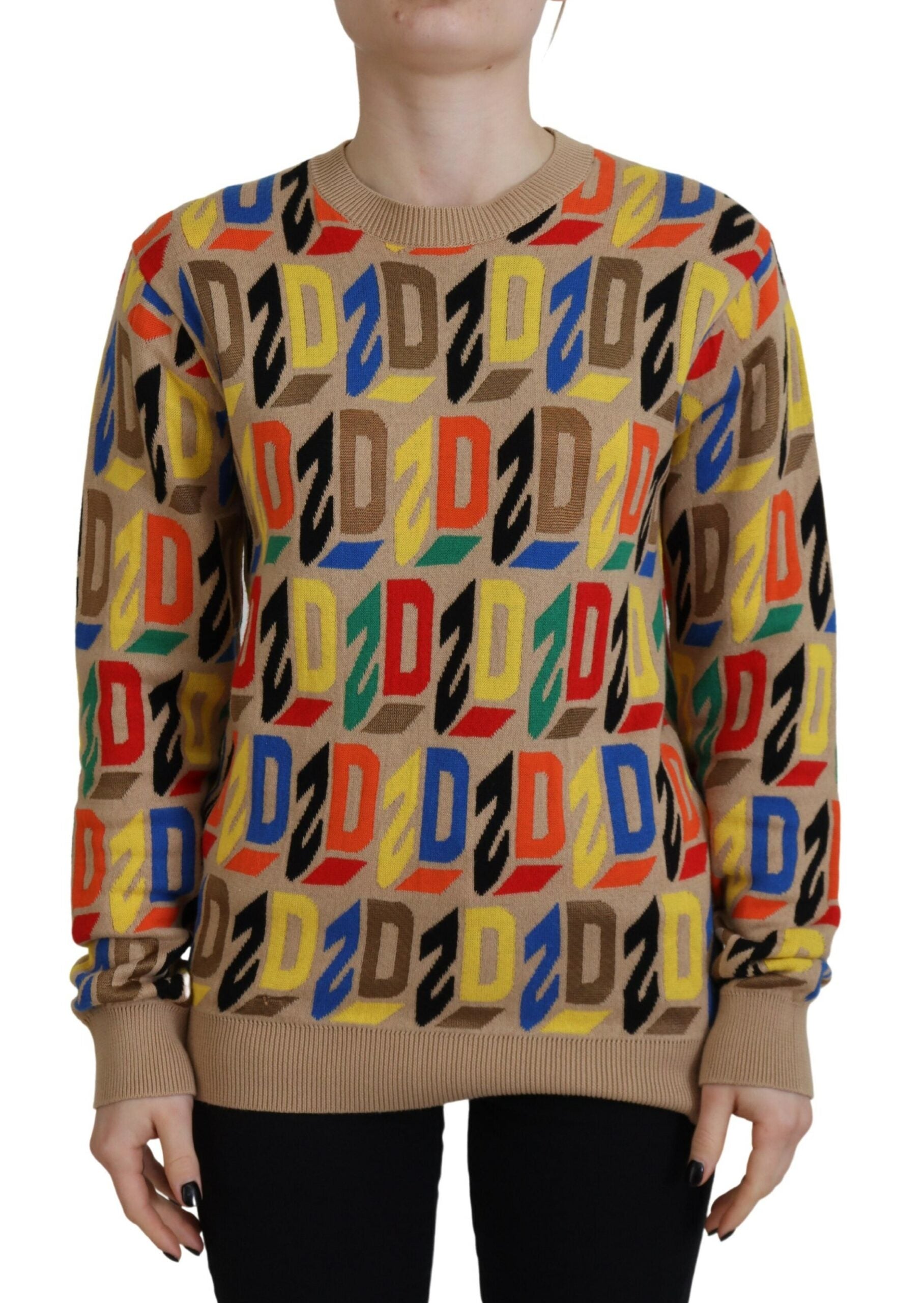 Pull en coton marron Dsquared² à manches longues avec col rond et imprimé, élégant et confortable pour le quotidien.