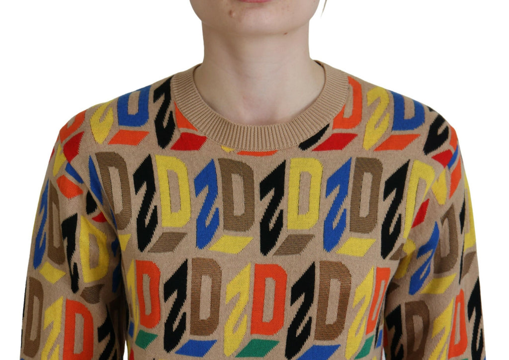Sweat-shirt à manches longues en coton marron avec col rond et motif imprimé, de la marque Dsquared².