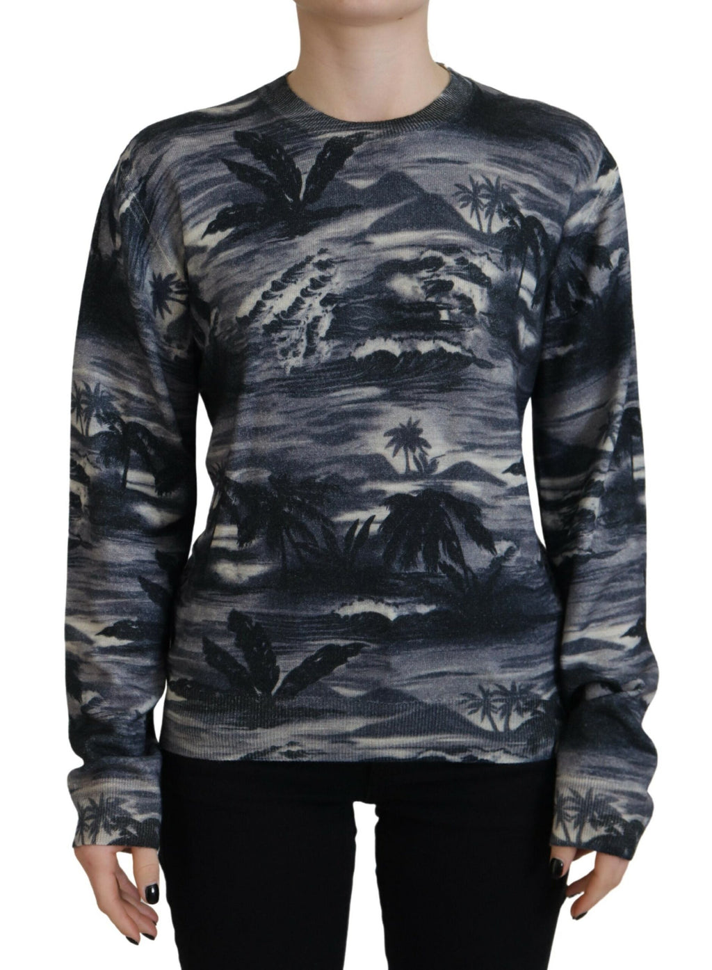Pull noir à manches longues Dsquared² avec motif impression ciel orageux, style décontracté et moderne.