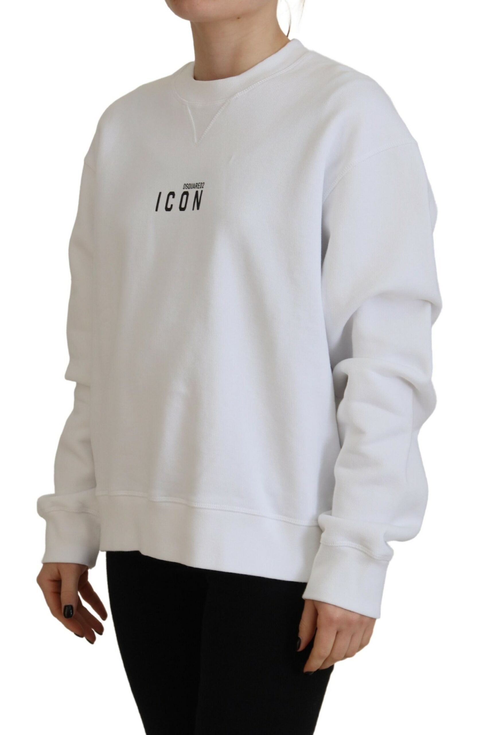 Pull blanc en coton à manches longues avec imprimé de la marque Dsquared², col rond, style décontracté.