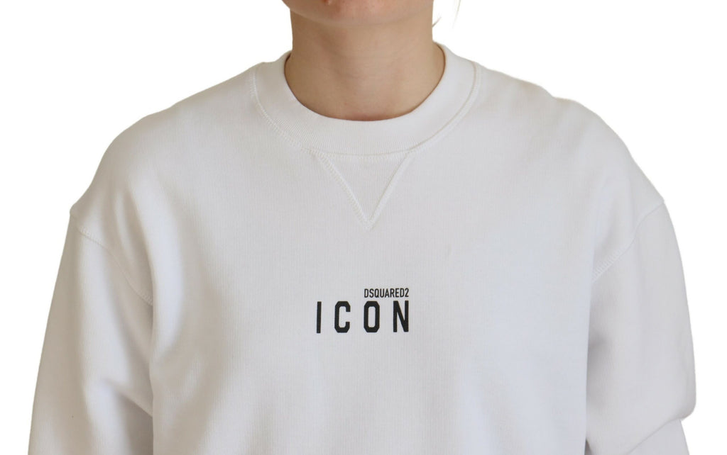 Pull blanc en coton à manches longues avec imprimé de la marque Dsquared², col rond, visible sur l'image.