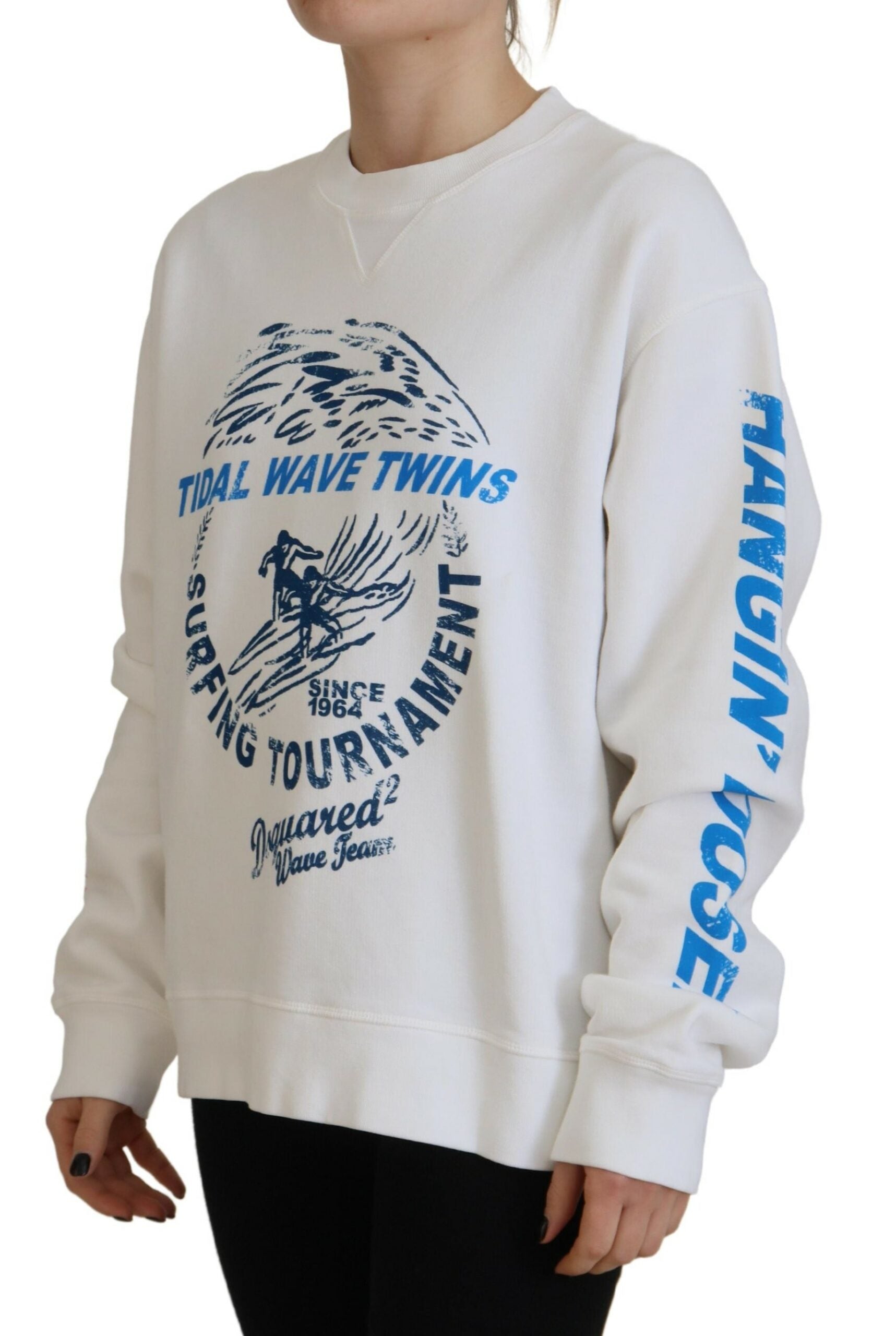 Pull en coton blanc pour femmes Dsquared² à manches longues avec imprimé, style décontracté et tendance.