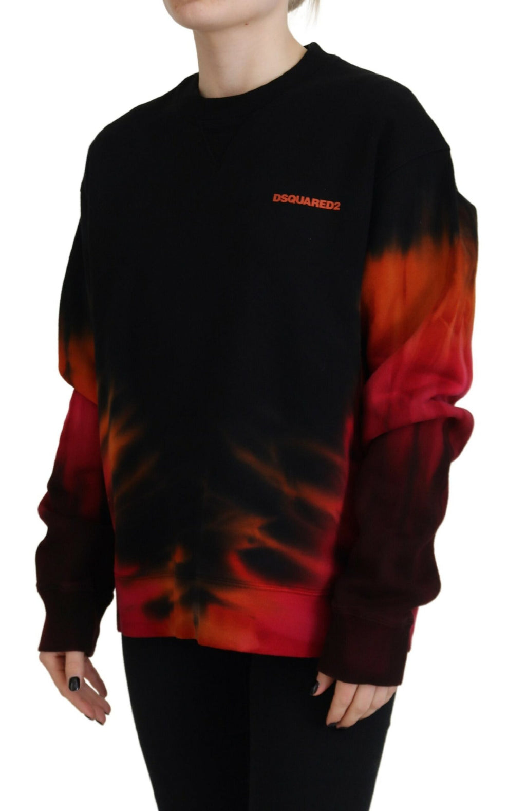 Pull à manches longues pour femme Dsquared², motif tie-dye noir avec logo, style décontracté et tendance.