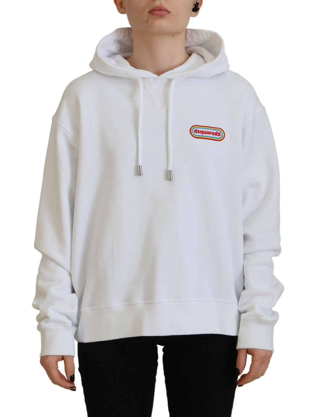 Sweat à capuche en coton blanc Dsquared² avec patch logo, vêtement décontracté pour homme ou femme, mode tendance.