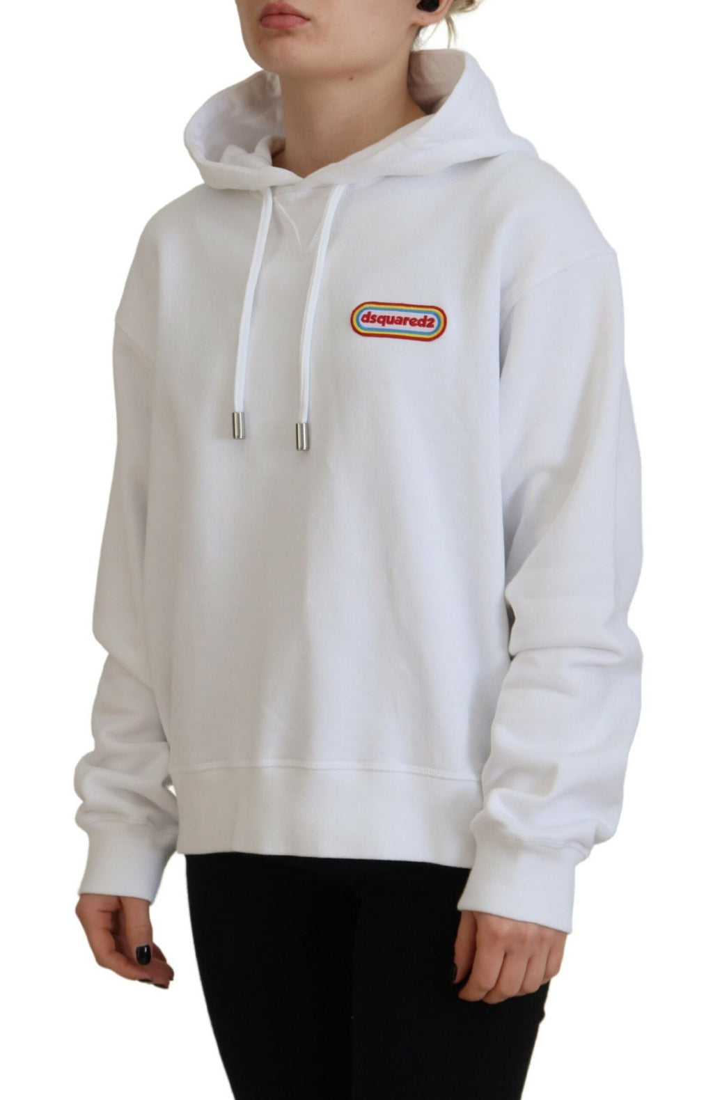 Sweat à capuche blanc Dsquared² avec logo patch en coton, pull décontracté et confortable pour un style casual.