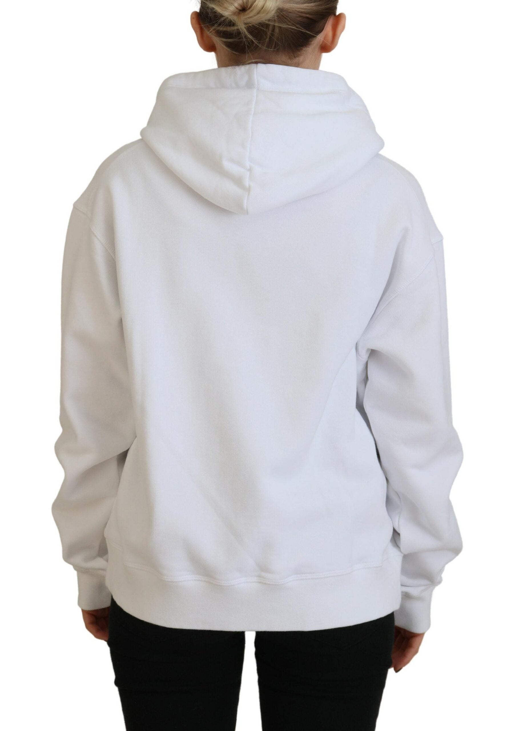 Sweat à capuche blanc en coton Dsquared² avec patch logo, style décontracté et confort visible sur l'image.