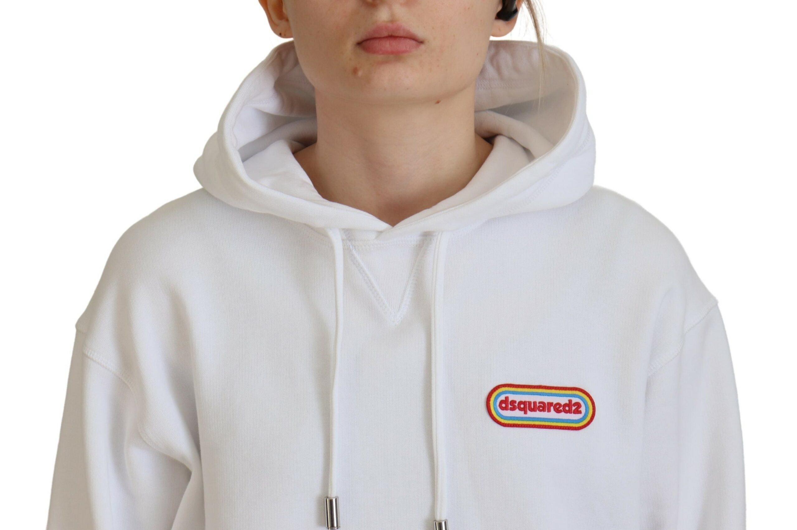 Sweat à capuche blanc en coton Dsquared² avec logo brodé, coupe décontractée et bande à logo sur la poitrine.
