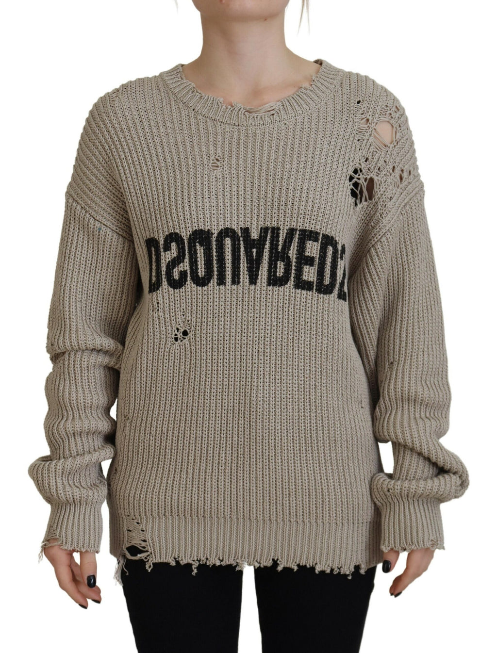 Pull en coton beige à col rond Dsquared², pull-over tricoté confortable et élégant, visible avec détails du tissu.
