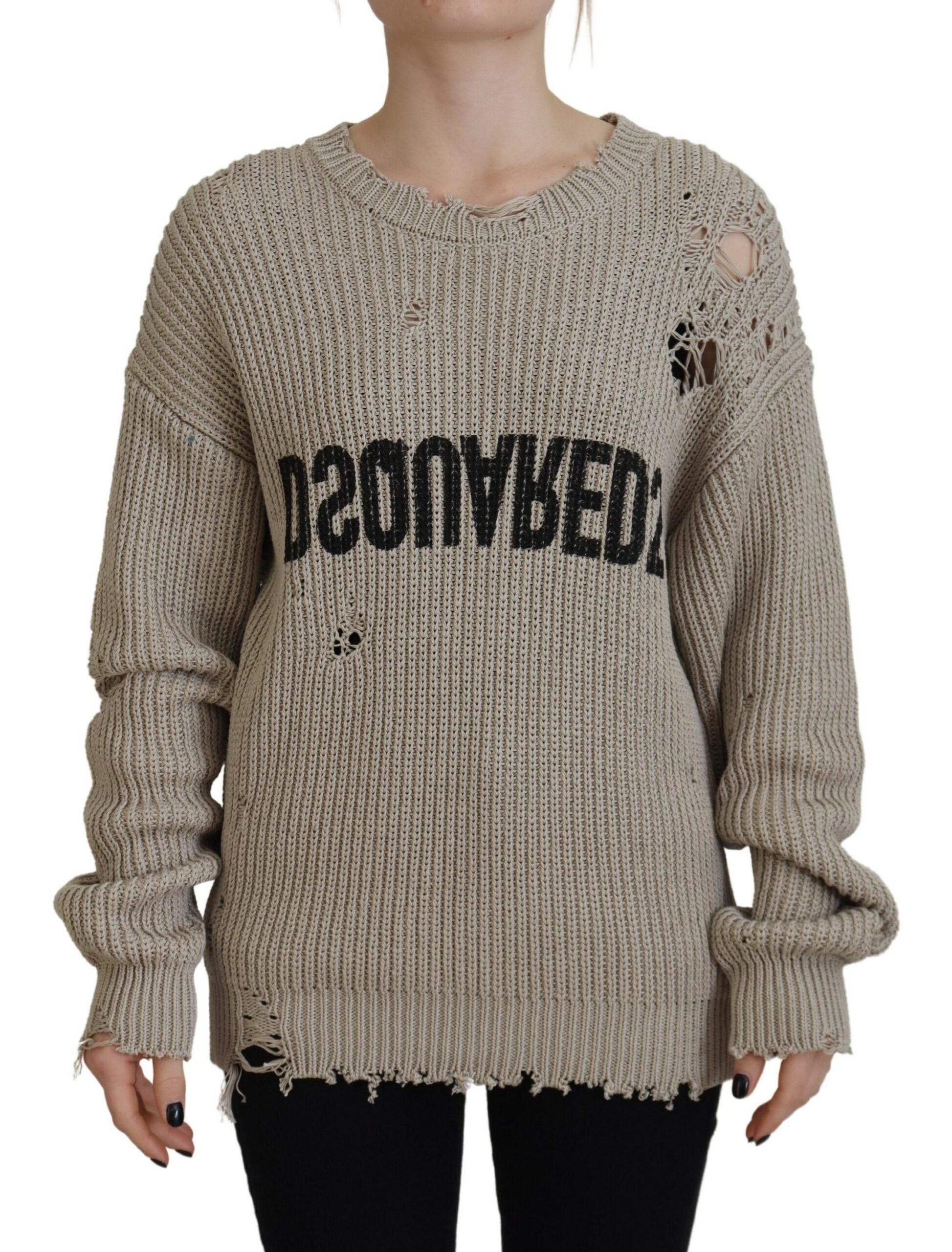 Pull en coton beige à col rond Dsquared², pull-over tricoté confortable et élégant, visible avec détails du tissu.