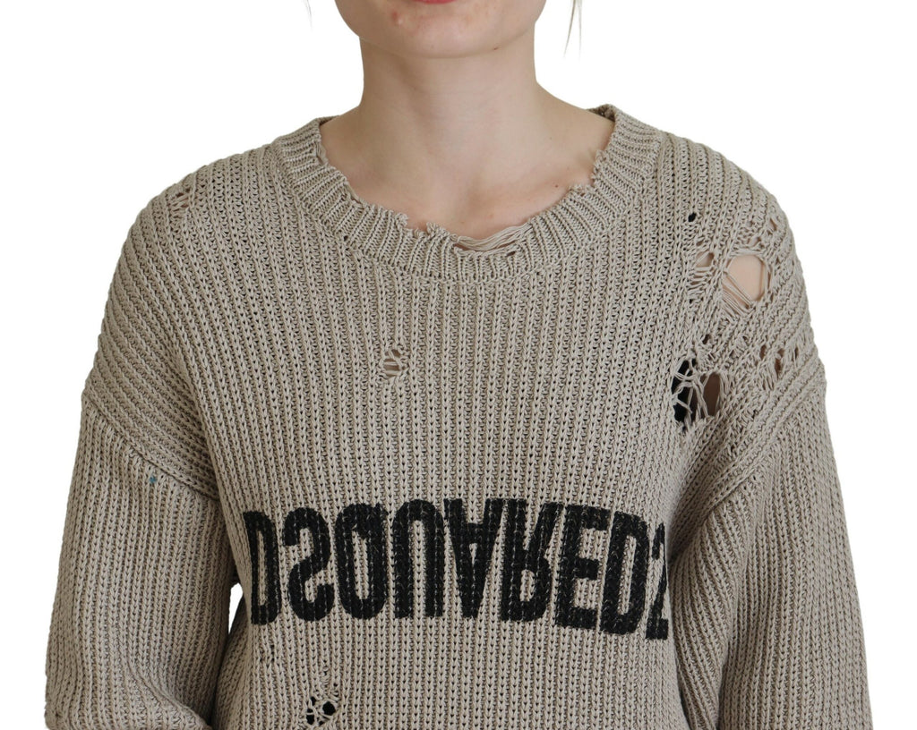 Pull-over en coton beige de Dsquared², pull à col rond tricoté, mode décontractée et confortable, vue de face.