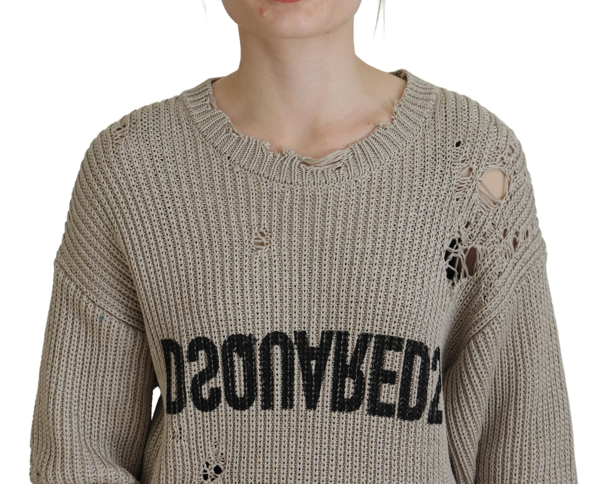 Pull-over en coton beige de Dsquared², pull à col rond tricoté, mode décontractée et confortable, vue de face.