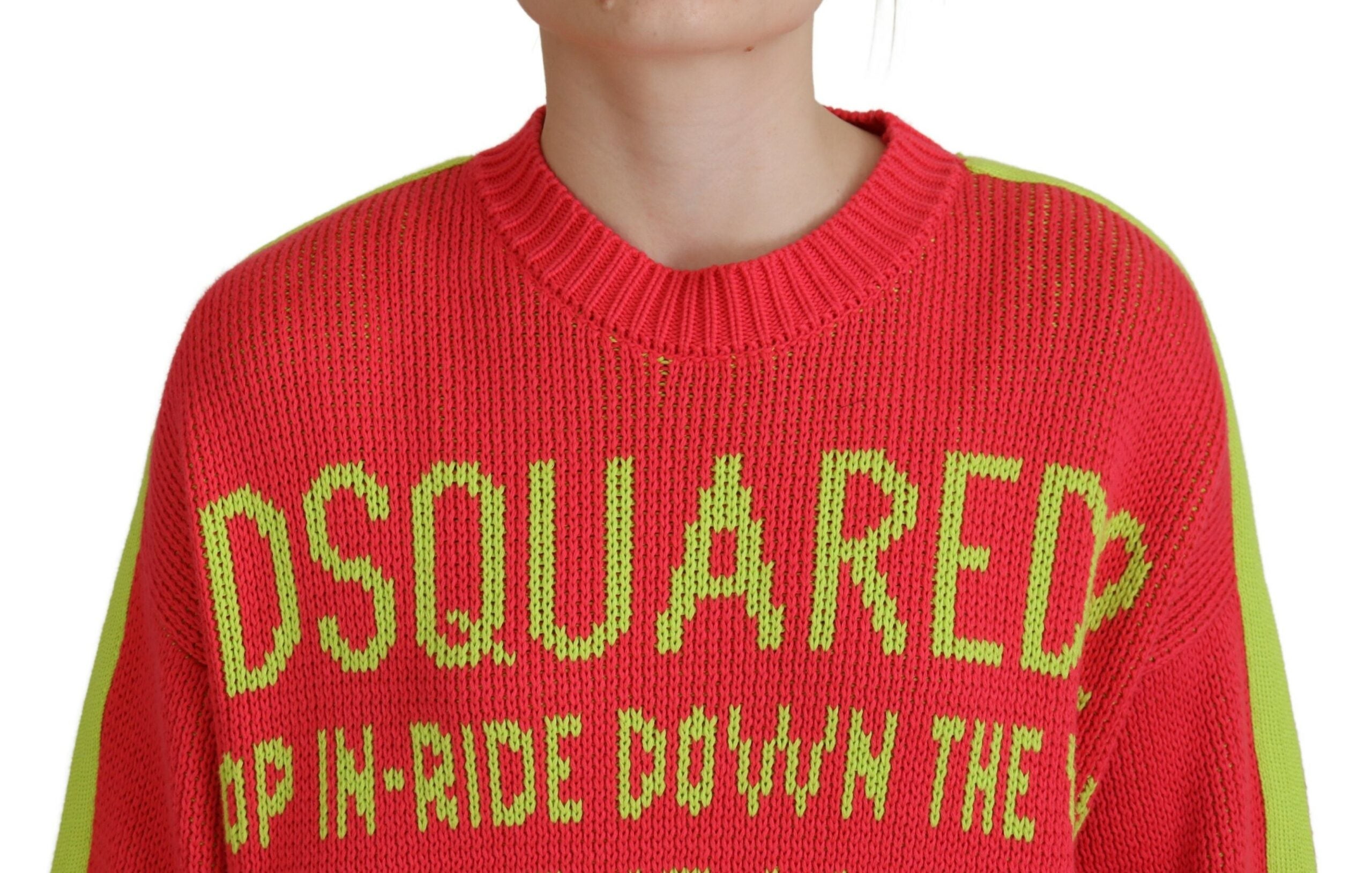 Pull en coton multicolore de Dsquared² avec col ras du cou, tricoté, visible en gros plan sur l'image.