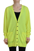 Pull en laine jaune à boutons de la marque Dsquared², cardigan tricoté avec col et manches longues visible.