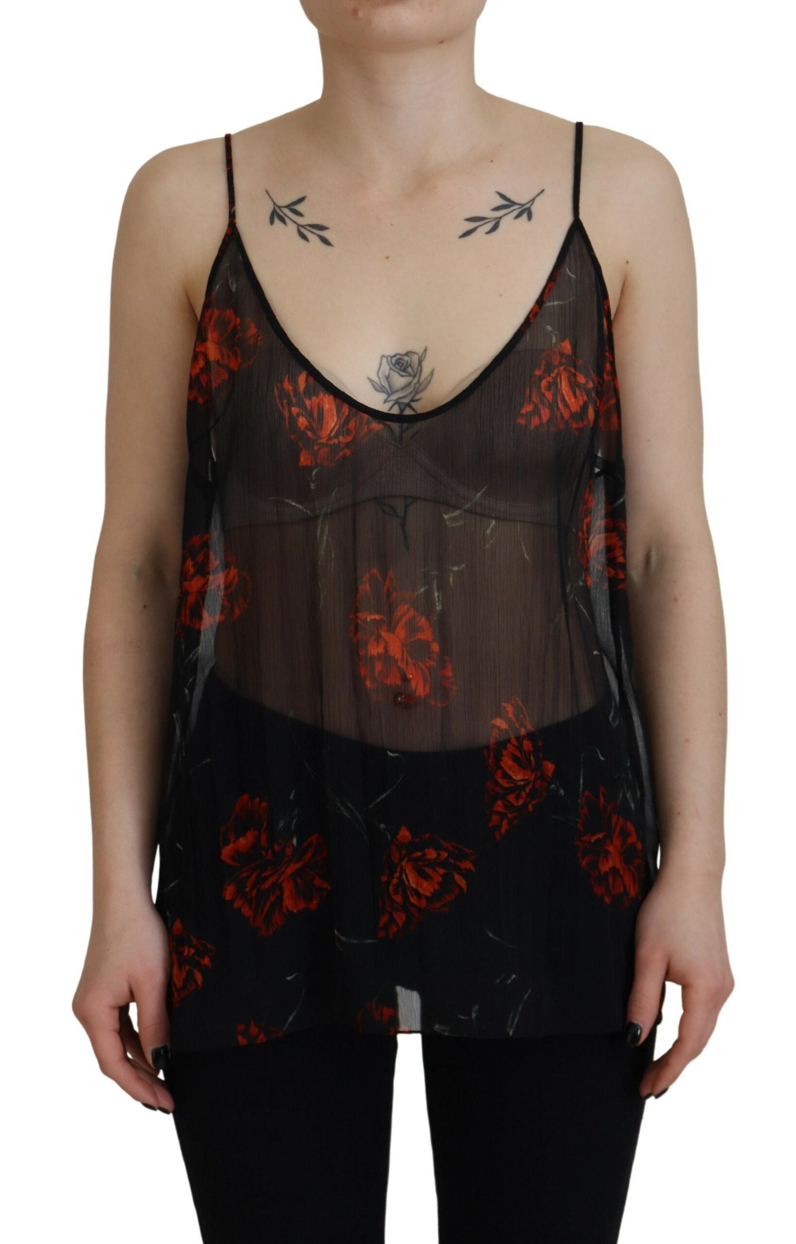 Top en chiffon noir à fines bretelles avec imprimé floral Dsquared², blouse légère et élégante pour femmes.