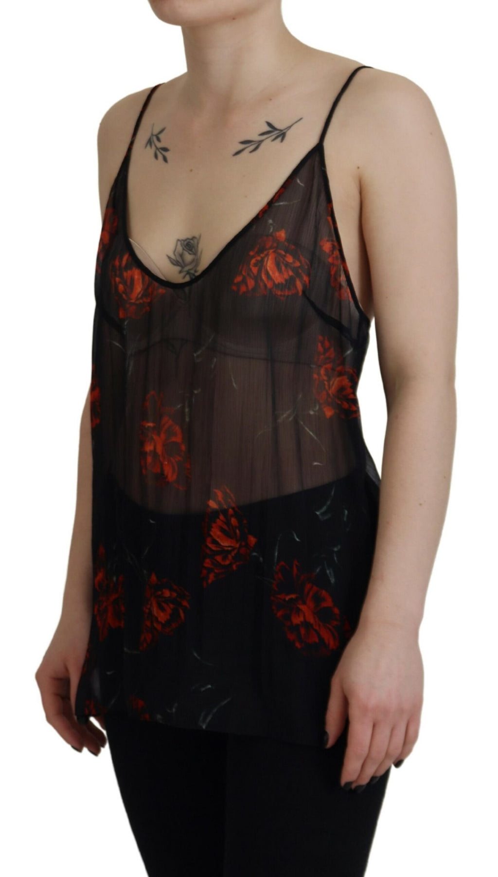 Top blanc à bretelles spaghetti avec motif floral noir de Dsquared², blouse légère et élégante pour femme.