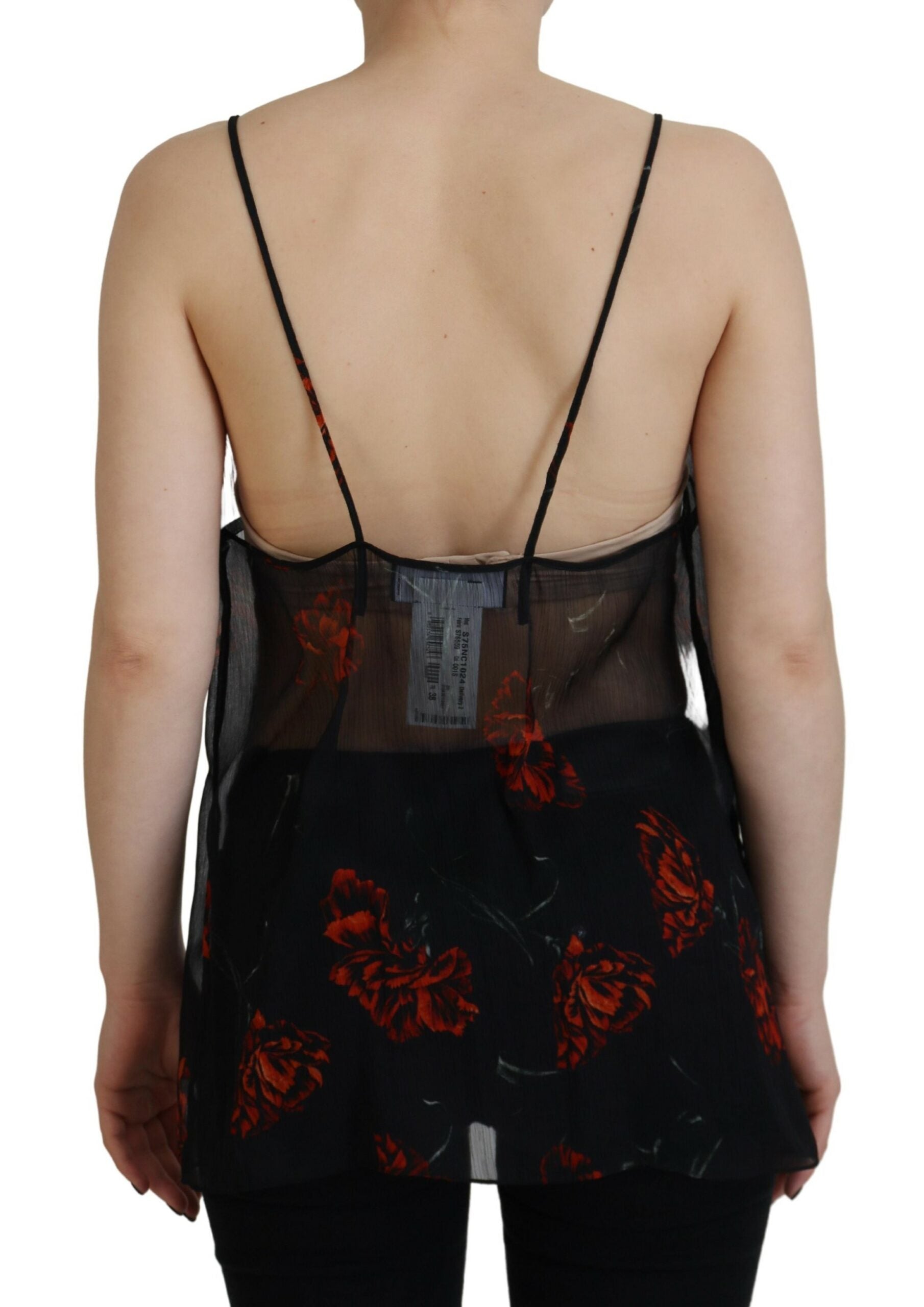 Haut bustier noir à fleurs avec bretelles spaghetti de la marque Dsquared², tissu léger et style élégant.