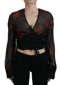 Haut court à manches longues avec motif floral noir signé Dsquared², style crop et wrap, pour un look élégant et tendance.