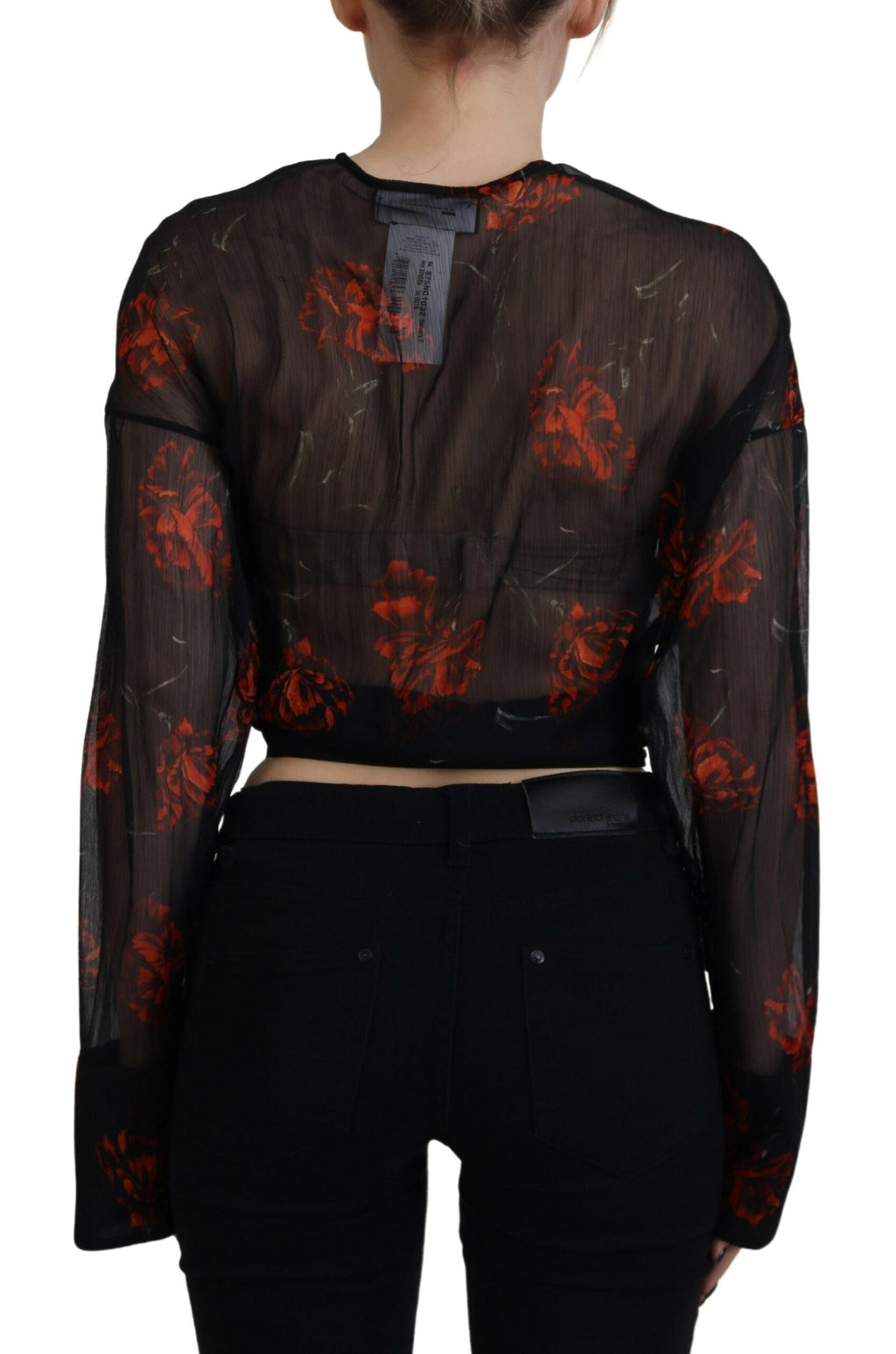 T-shirt noir à manches longues et coupe croisée avec imprimé floral pour femme de Dsquared².