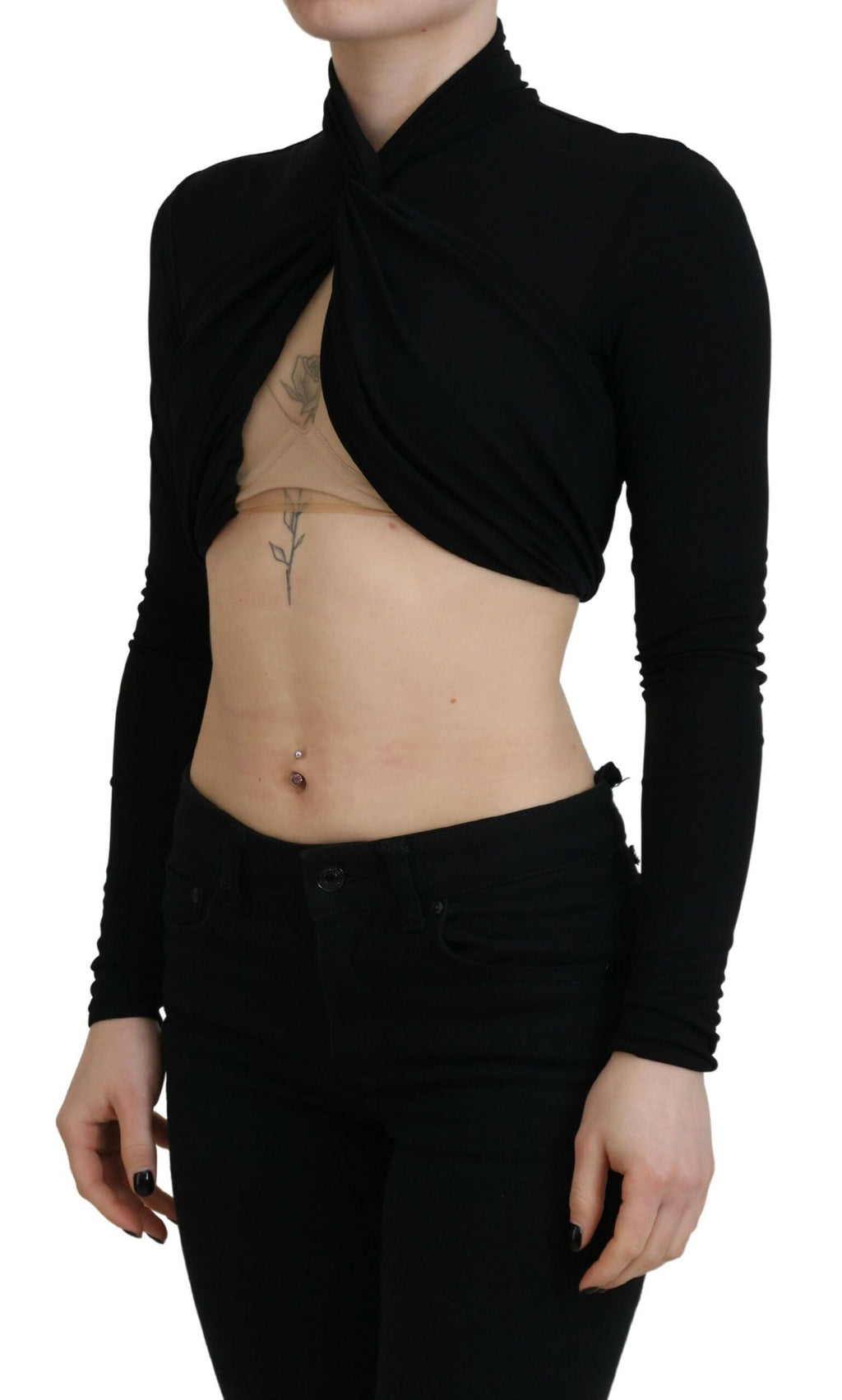 Top court en viscose noire à découpes, manches longues courtes, de la marque Dsquared², porté sur un mannequin.