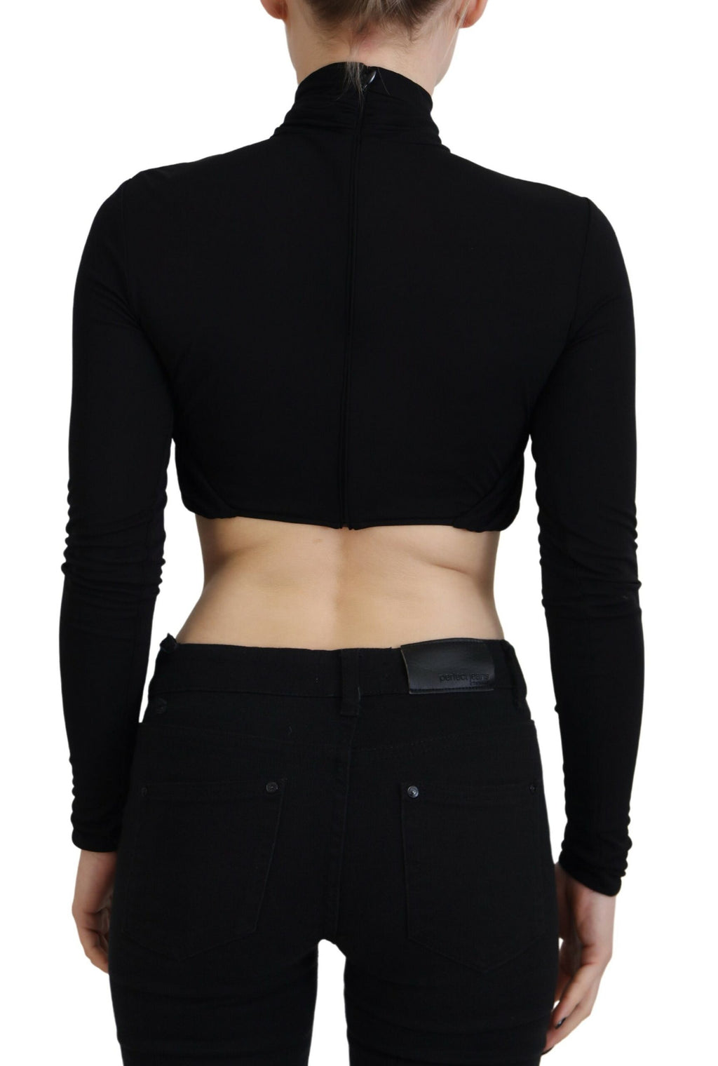 Top court en viscose noire à découpes, manches longues, de la marque Dsquared², visible en détail dans l'image.