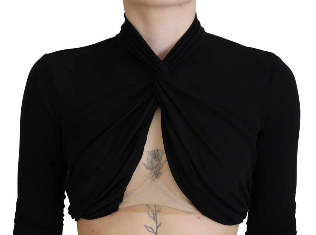 Haut crop à manches longues en viscose noire avec découpes, signé Dsquared², style élégant et moderne.