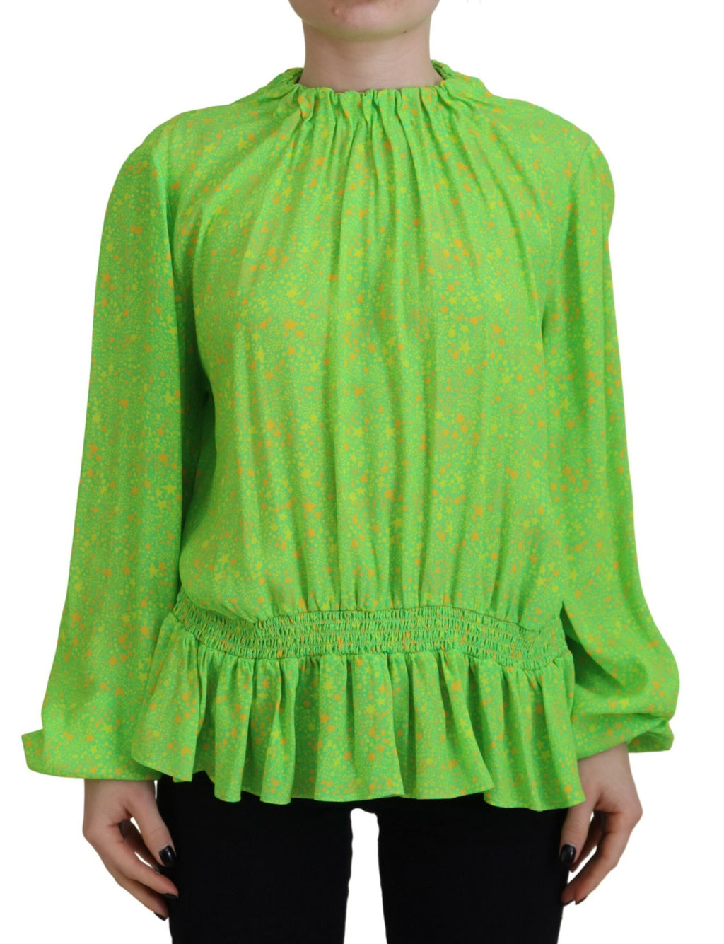 Blouse longue à manches longues en viscose avec imprimé d’étoiles vertes par Dsquared², vue de face.