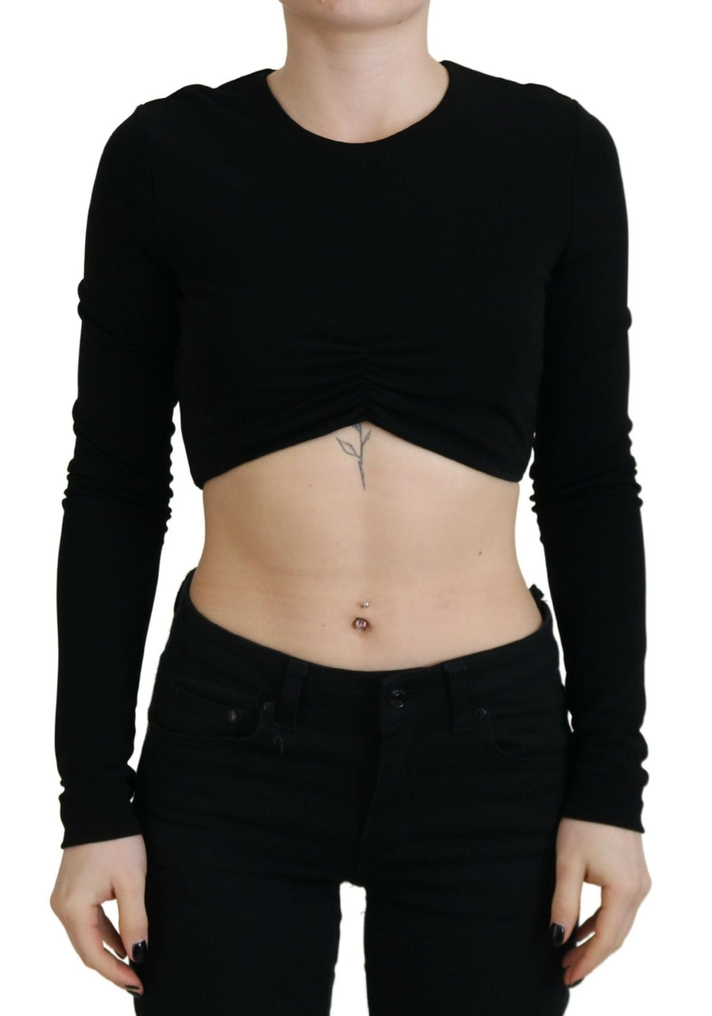 Top noir en viscose à manches longues et col rond de Dsquared², coupe courte et élégante.