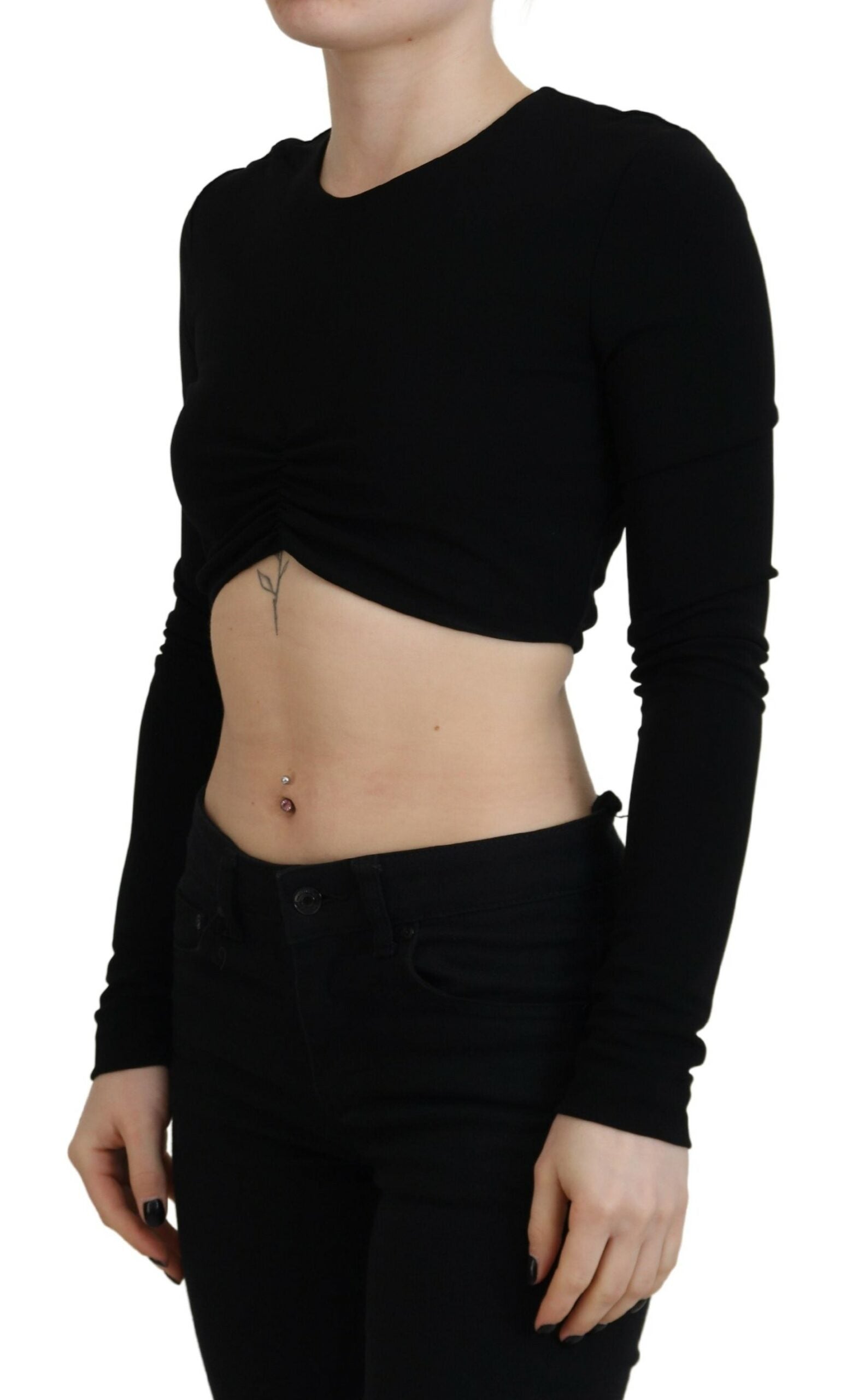 Top noir en viscose de Dsquared², coupe courte avec col rond et manches longues, style décontracté et élégant.