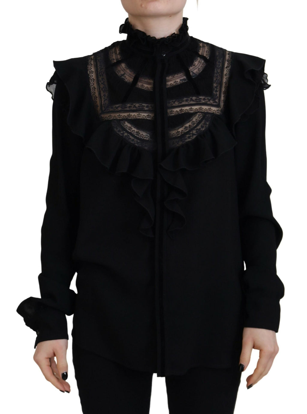 T-shirt à manches longues noir Dsquared² avec bordure en dentelle et col roulé élégant, porté sur un mannequin.