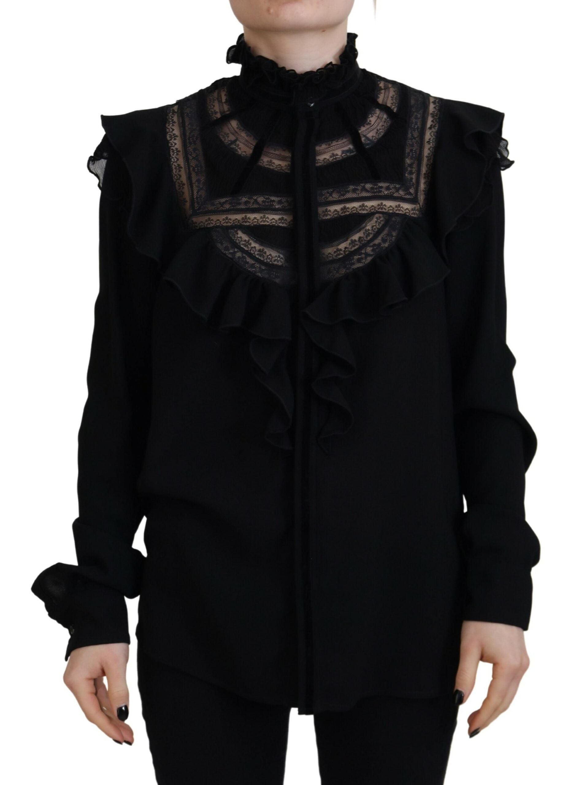 T-shirt à manches longues noir Dsquared² avec bordure en dentelle et col roulé élégant, porté sur un mannequin.