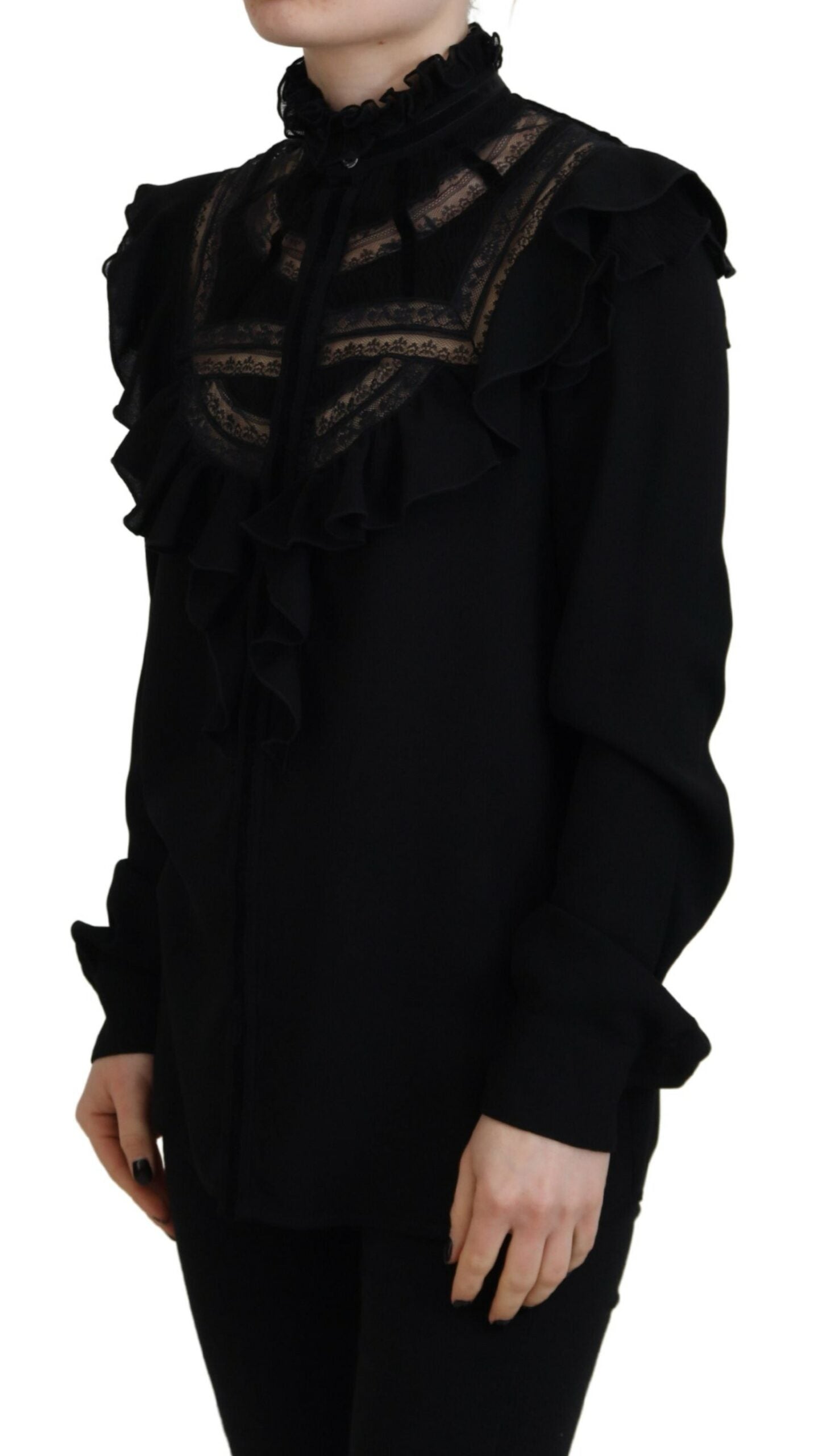 T-shirt à manches longues en dentelle noire avec col roulé de la marque Dsquared², élégante et ajustée.