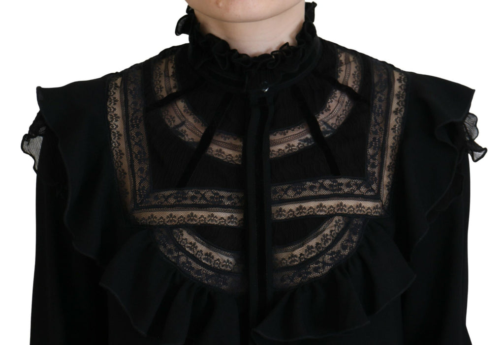 T-shirt à col roulé noir Dsquared² avec bordure en dentelle et manches longues, tissu élégant et ajusté.