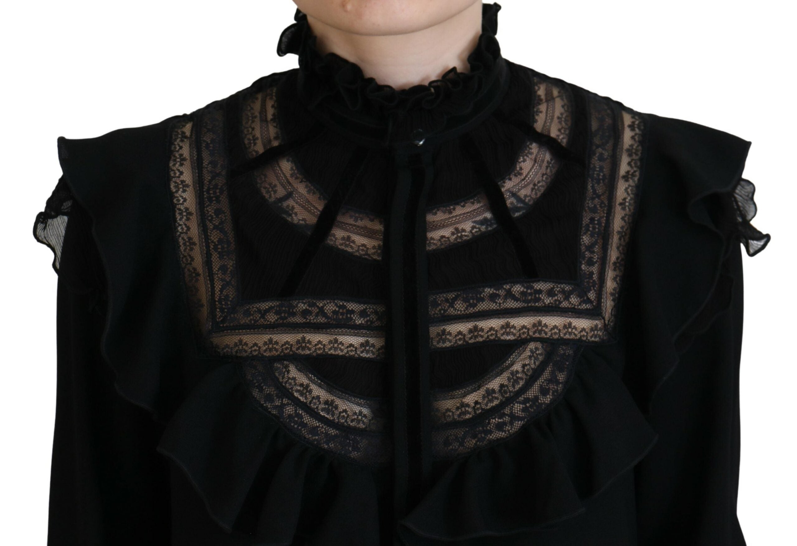 T-shirt à col roulé noir Dsquared² avec bordure en dentelle et manches longues, tissu élégant et ajusté.