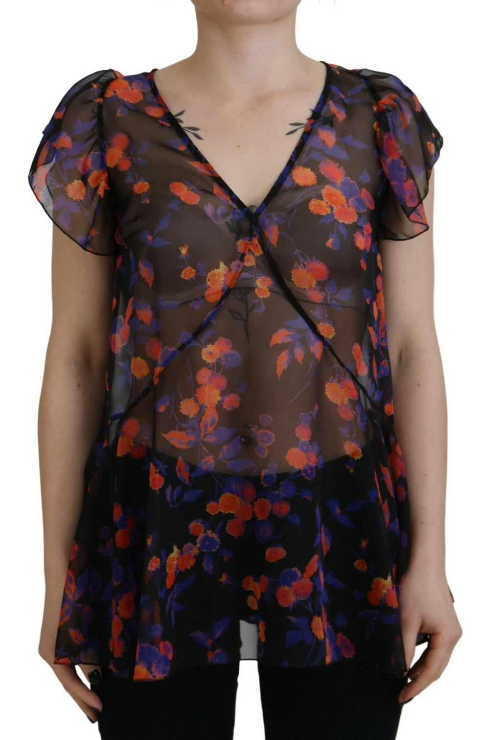 Blouse à manches courtes noires avec motif floral et décolleté en V de la marque Dsquared².
