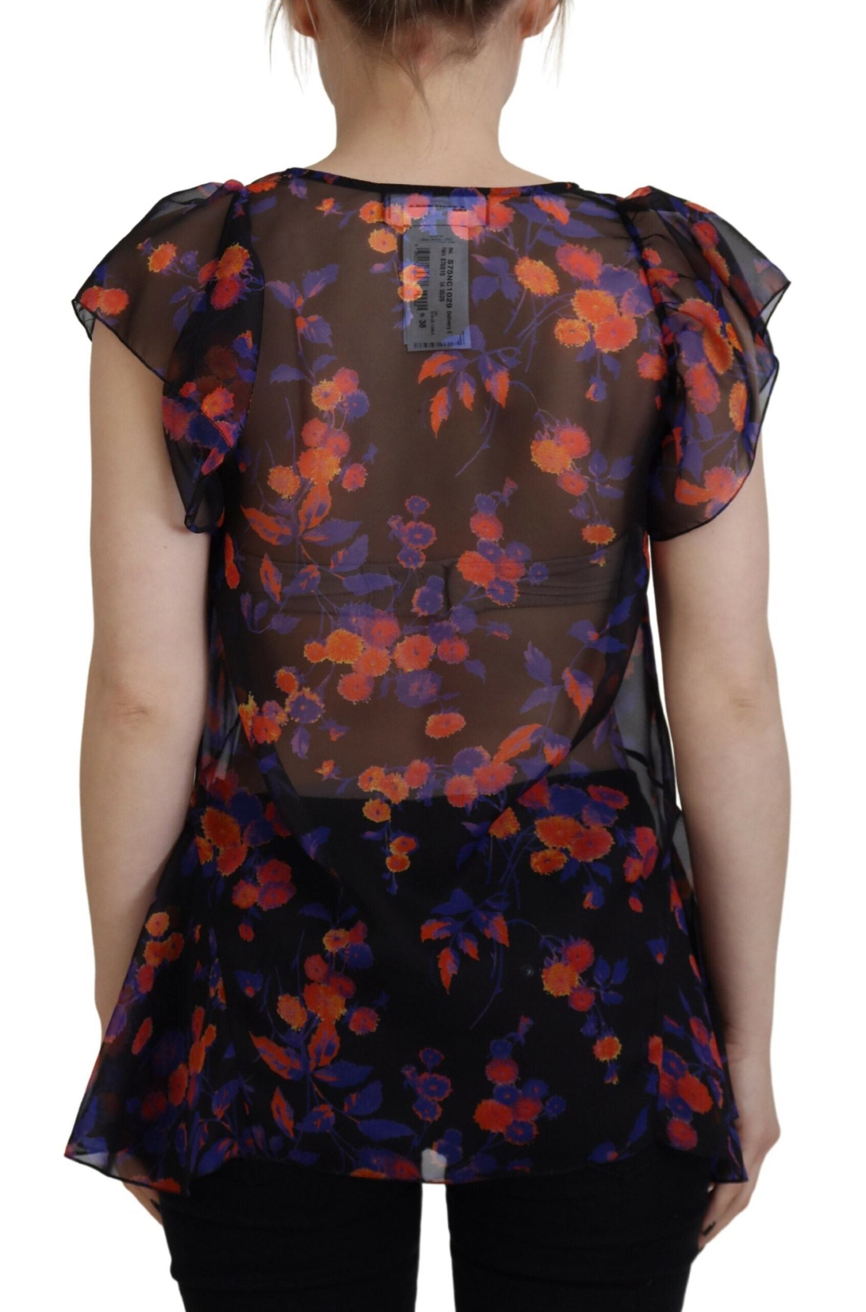 Blouse noire à fleurs avec manches courtes et décolleté en V de la marque Dsquared², design élégant et floral.