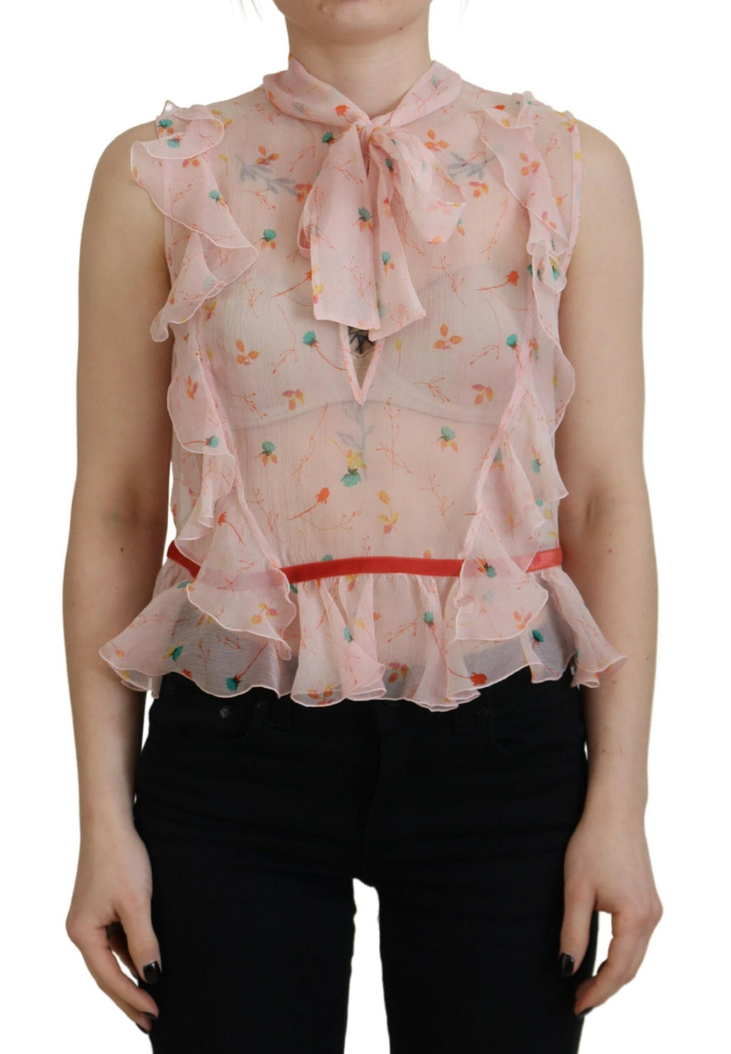 Haut sans manches en soie rose à imprimé floral avec col ascot signé Dsquared², élégant et féminin.