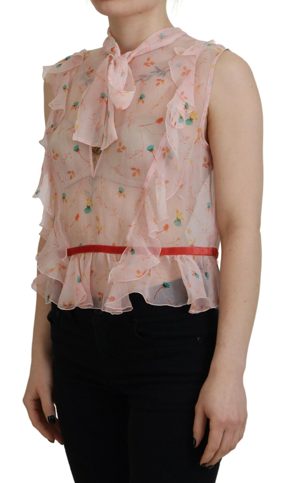 Haut sans manches en soie rose à imprimé floral avec col ascot signé Dsquared², élégant et féminin.