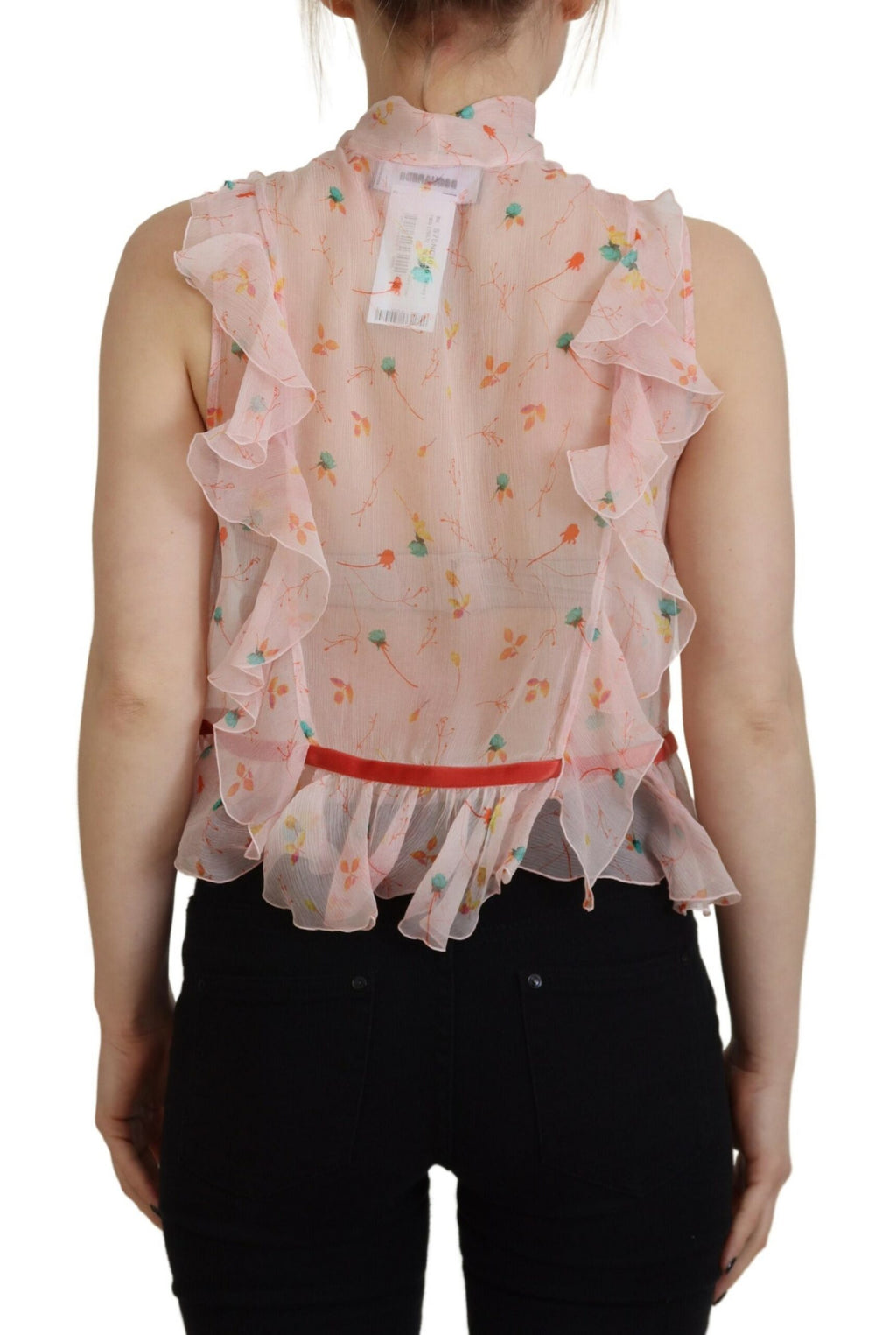 Haut sans manches en soie rose à imprimé floral avec col ascot signé Dsquared², élégant et fluide.
