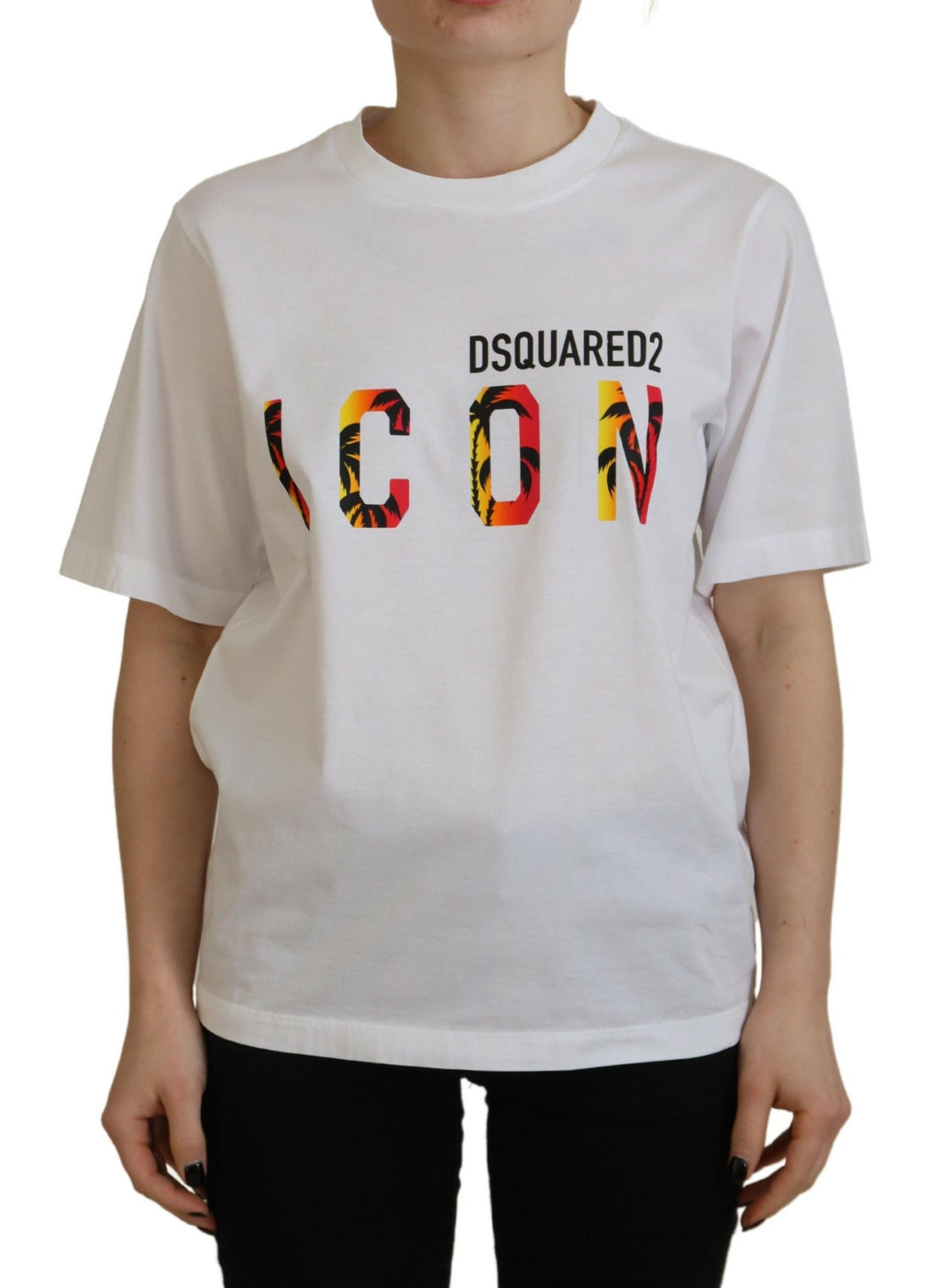 T-shirt blanc en coton brillant Dsquared² avec logo iconique, coupe classique à col rond, vue de face.