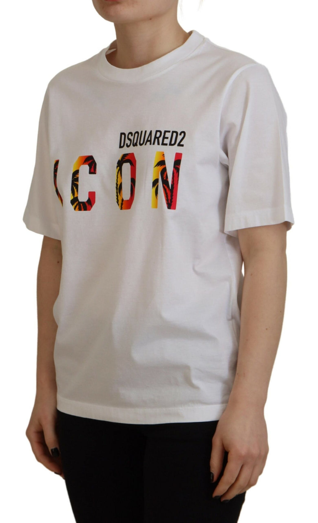 T-shirt blanc en coton brillant Dsquared² Icon East avec col rond, vue de face, tissu doux et logo visible