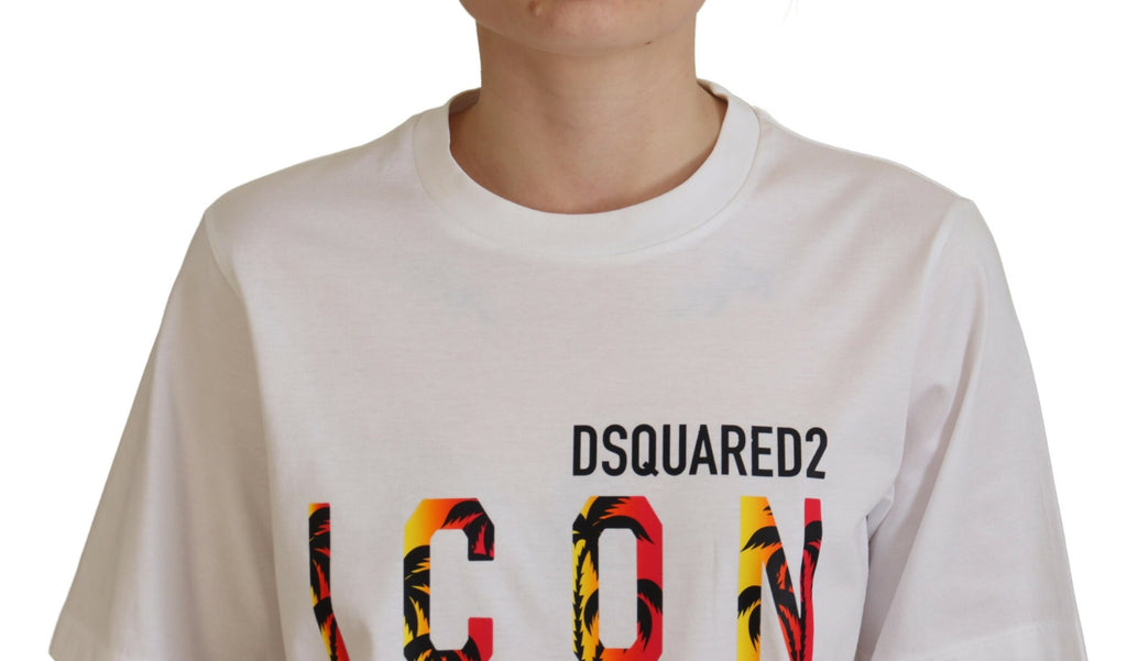 T-shirt à col rond blanc en coton brillant Dsquared² avec logo icône East, vue de face.