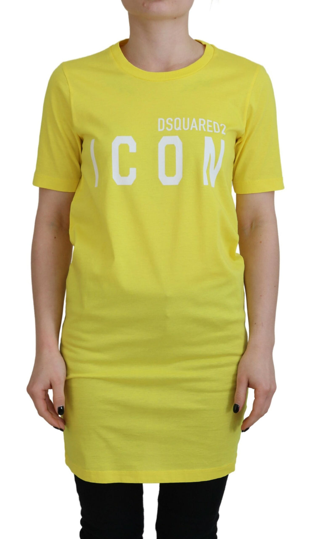 T-shirt jaune en coton brillant Dsquared² avec logo Icon Renny, col rond, tenue décontractée, vue de face.