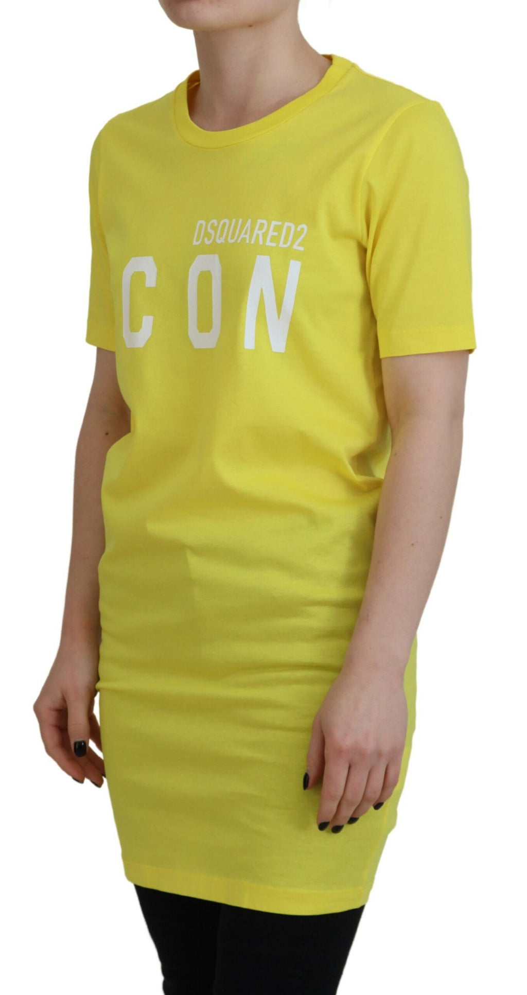 T-shirt en coton jaune brillant Dsquared² Icon Renny avec col rond, vue frontale, design élégant et moderne.