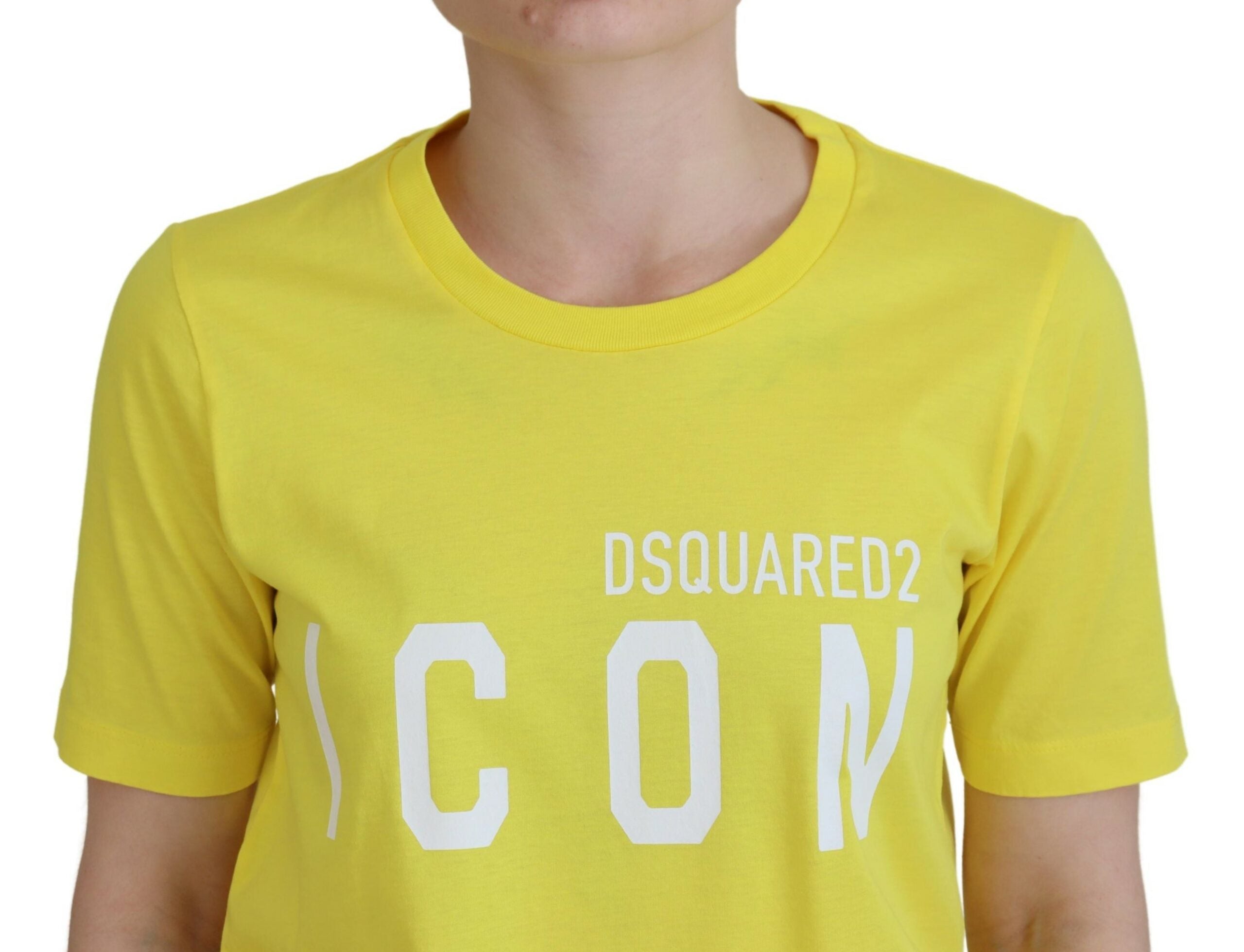 T-shirt coton jaune brillant Dsquared² avec logo iconique Renny, col rond, style décontracté, visible sur l'image.