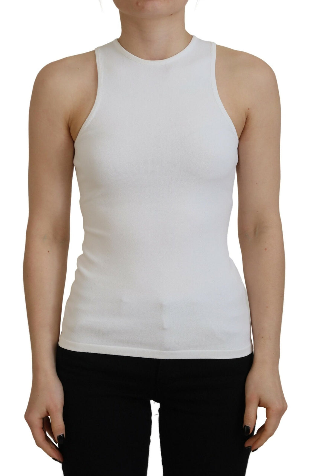 T-shirt sans manches blanc en viscose de Dsquared² avec col rond, vue de devant, léger et élégant.