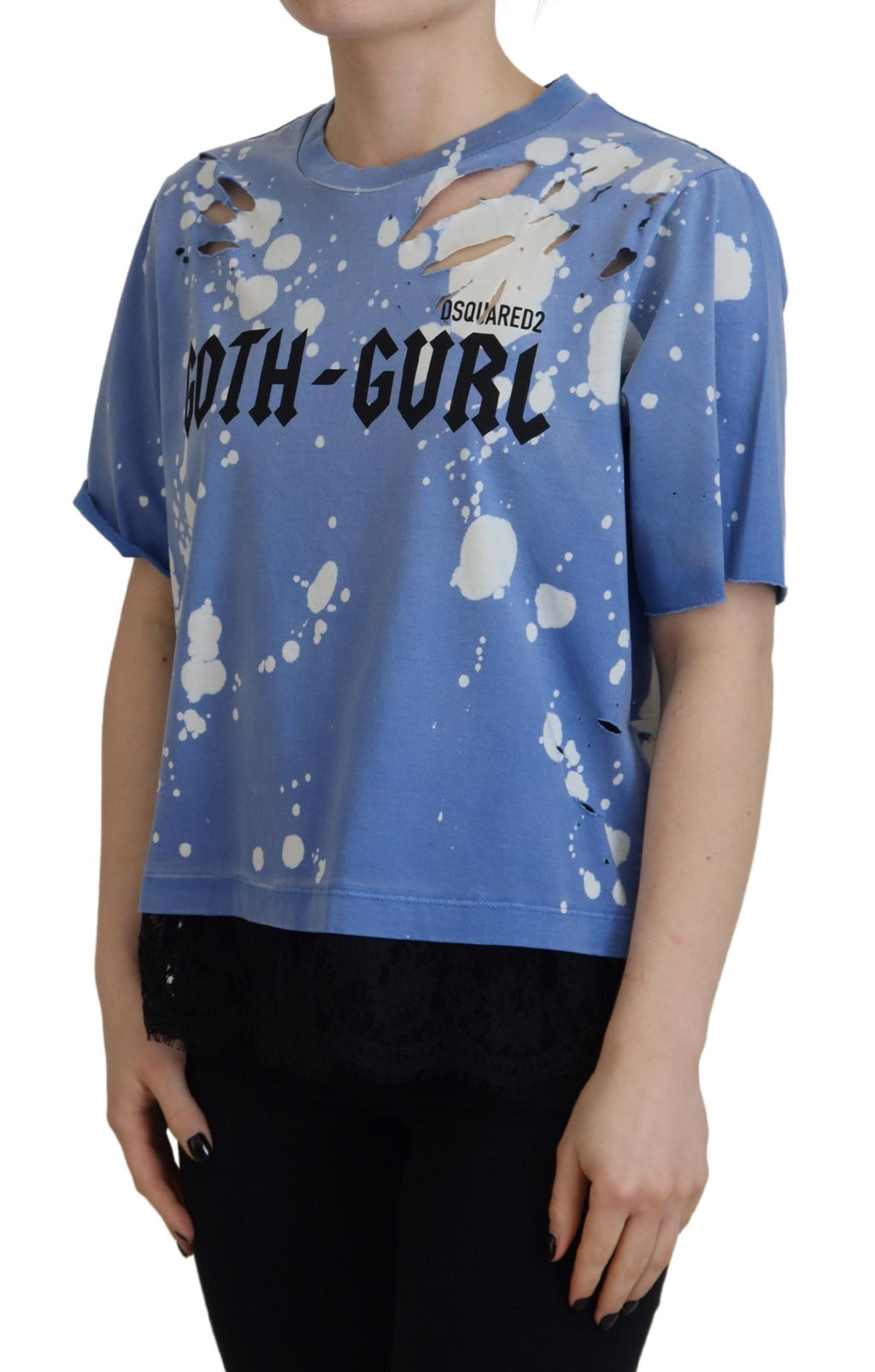 T-shirt en coton noir avec impression goth Gurl bleue de Dsquared², détails en dentelle noire, style audacieux et tendance.