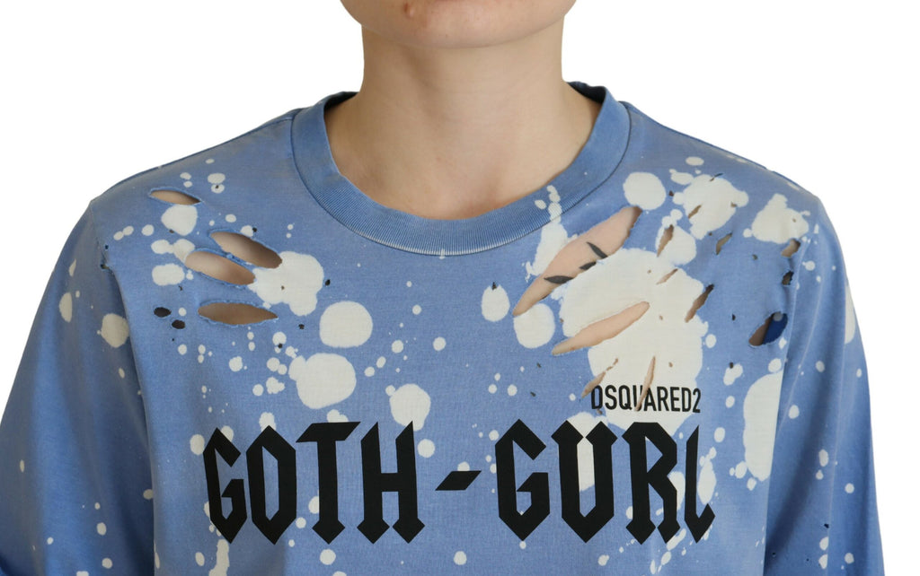 T-shirt en coton noir avec imprimé goth et détails en dentelle bleue, de la marque Dsquared², vue de face.