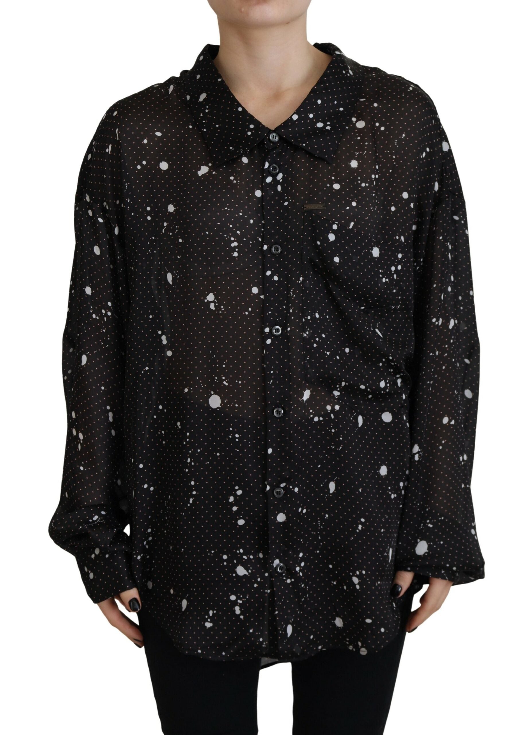 Chemisier noir à pois à col et boutons de Dsquared², vue de face, en tissu léger et élégant.